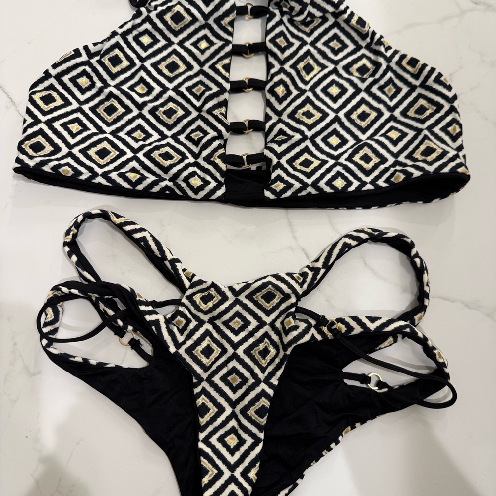Beach Bunny Black White and Gold Geometric High-Neck Bikini Set